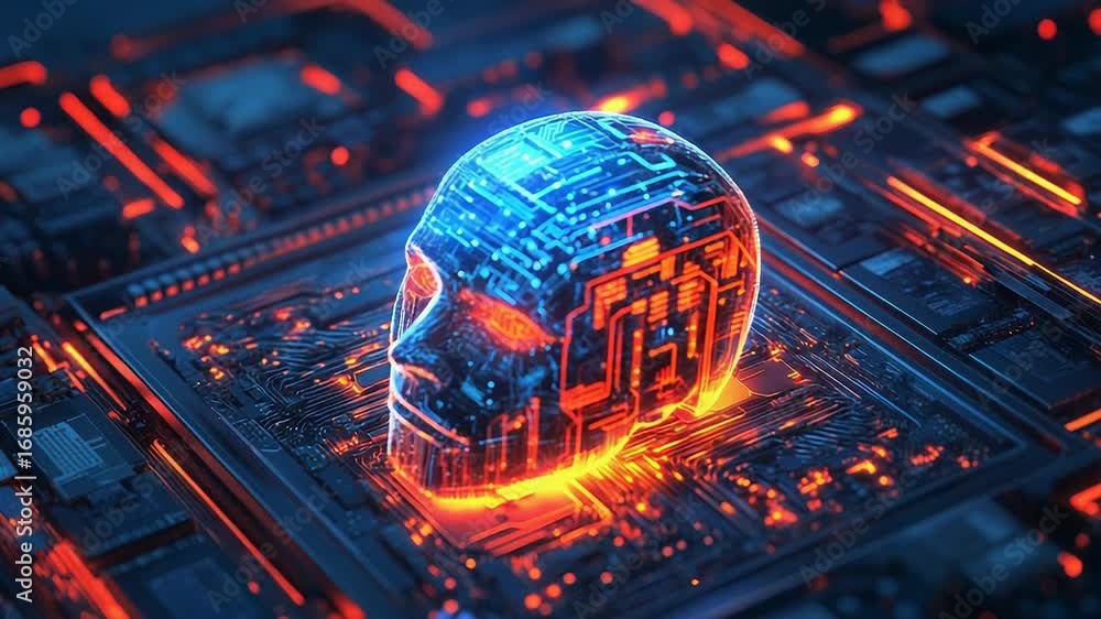 Poster artificial intelligence glowing head resting on a futuristic circuit board