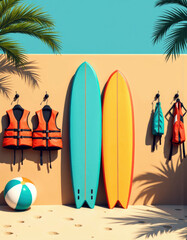 Colorful surfboards and life vests in a vibrant recreation facility area