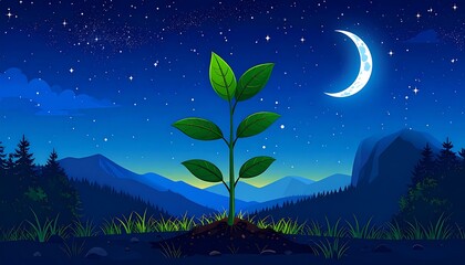 A vibrant, green sapling under a starry night sky, crescent moon, and mountain range