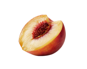 Close-up of a peach half, showing the juicy flesh,  reddish-pink skin, and a pit with tiny seeds