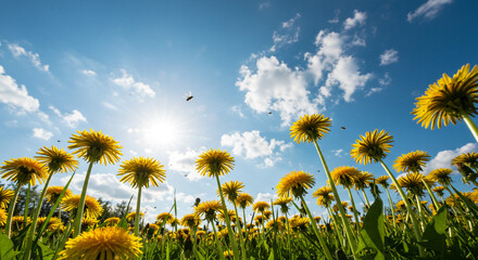 Vibrant yellow dandelions bloom under a bright sunny sky with fluffy clouds and flying insects