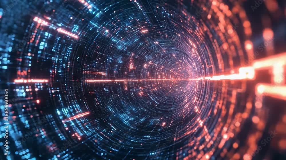 Poster digital tunnel transmitting data stream with futuristic information flow