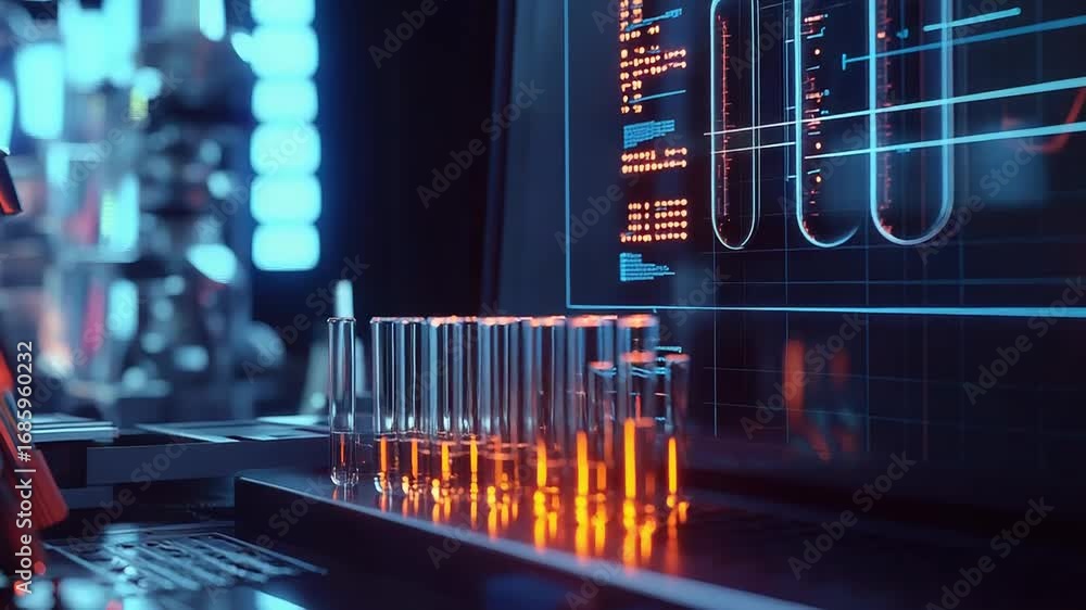 Poster modern laboratory showing test tubes and digital display with futuristic interface