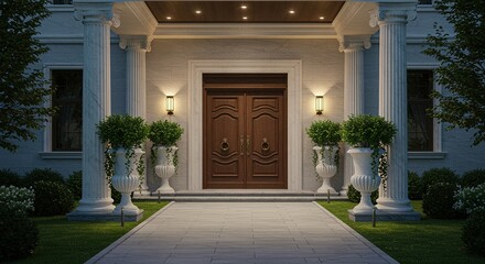 Fototapeta premium Elegant Mansion Entrance at Night door exterior columns classica