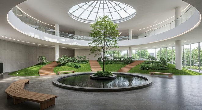 Modern Office Lobby with Indoor Garden and Water Feature interio