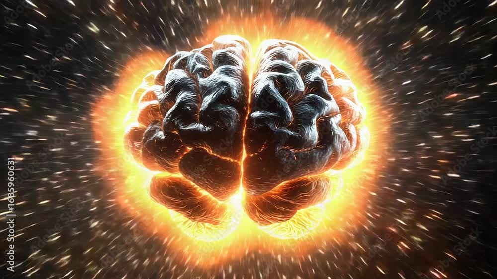 Poster burning brain exploding in outer space representing mental health issues