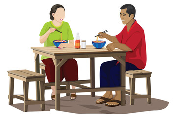 Husband and wife are sitting and eating noodles.vector design