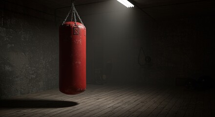 Red Punching Bag in Dark Gym Boxing Training Room workout fitnes