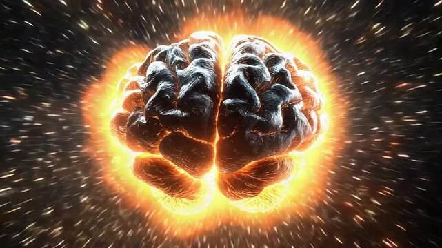 Burning brain exploding in outer space representing mental health issues