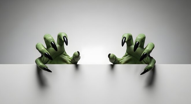 Two creepy green monster hands with sharp claws emerge from behind a white surface, isolated on white background, suggesting a scary surprise