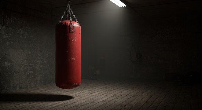 Red Punching Bag in Dark Gym Boxing Training Room workout fitnes