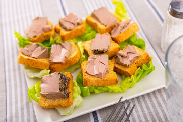 Toasted dried crust spread with meat paste and decorated with piece of fresh salad lettuce. Traditional Russian snack, homemade food, dietary antipasto