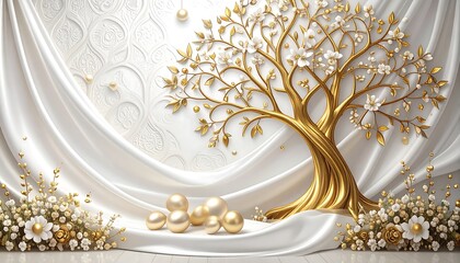Golden-hued, ornate tree with blossoms sits against a white, draped backdrop