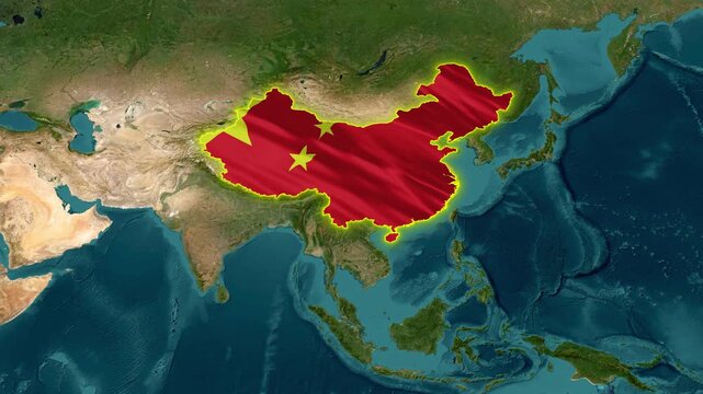 China Map Animation with flag 4k 3d Political Borders & Geography map animation with satellite view