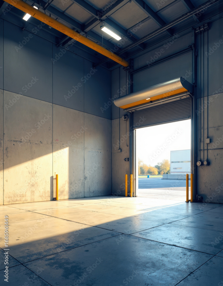 Poster empty mall loading dock with a freight platform and sunlight streaming in