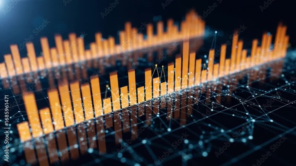 Poster abstract representation of orange bar graph with connected dots on a dark background