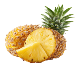 Two halves of a pineapple, one sliced