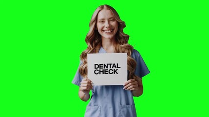 A cheerful young woman in medical uniform holds a DENTAL CHECK sign against a clean green screen background. Ideal for dental appointment reminders, check-up promotions, and oral hygiene campaigns.
