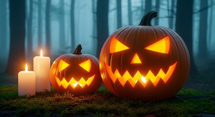 Fototapeta premium Two carved halloween pumpkins with glowing faces sit in a dark, misty forest at night, illuminated by three flickering white candles
