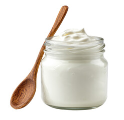 Creamy yogurt in a glass jar with wooden spoon