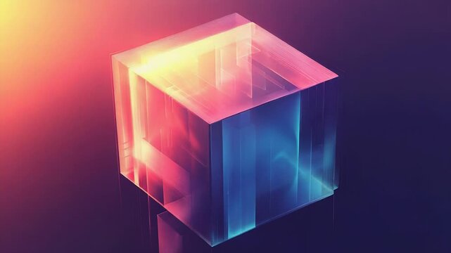 Abstract glass cube shining with neon lights on dark background
