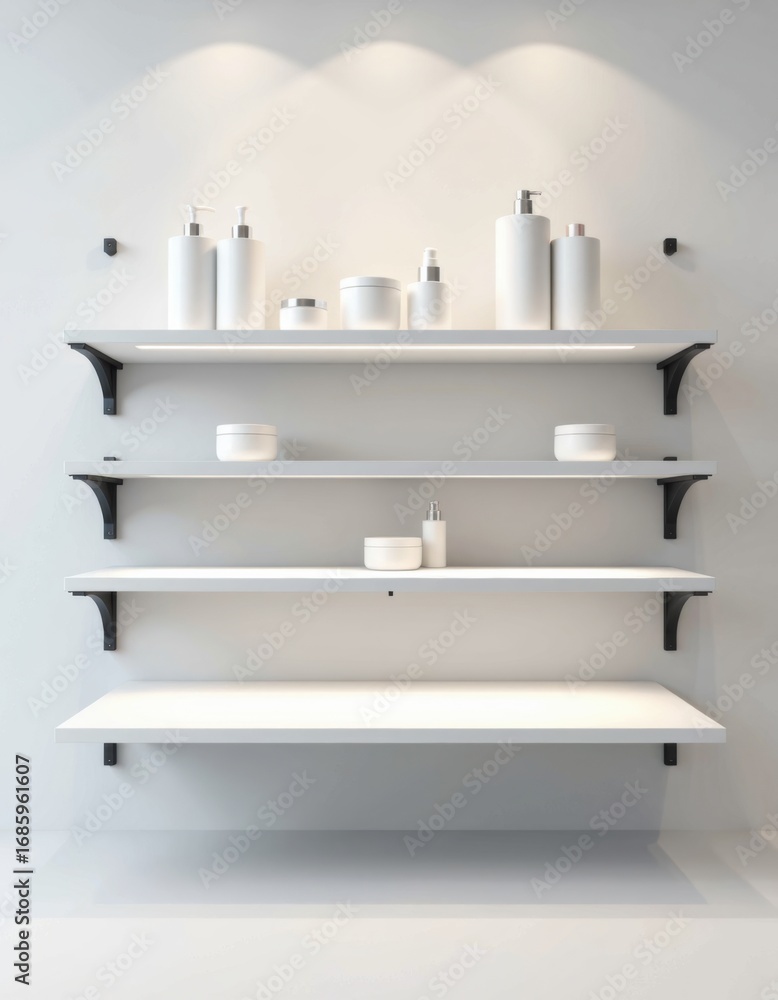 Poster modern retail shelf end display with clean lines and elegant products