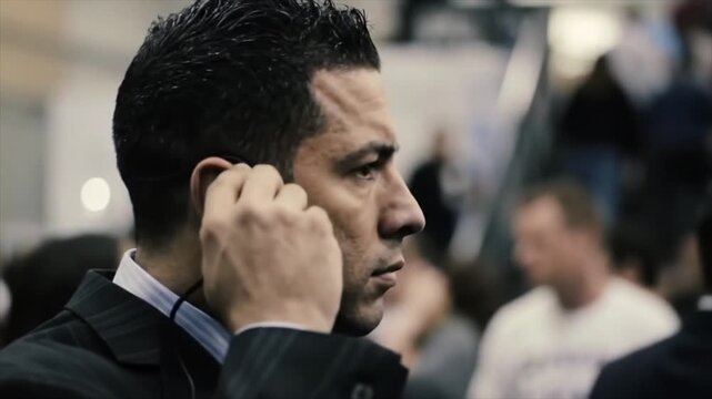 Professional bodyguard providing close protection for a VIP at an event.