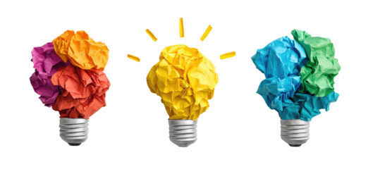 Three colorful crumpled paper light bulbs, representing diverse ideas
