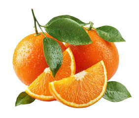 Fresh oranges with leaves and slices.  Close-up image of vibrant, juicy oranges, whole and sliced, with green leaves attached.  Water droplets on the fruit