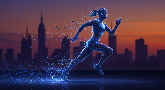 Digital Runner An Energetic Woman Spriting Through a Futuristic Urban Landscape