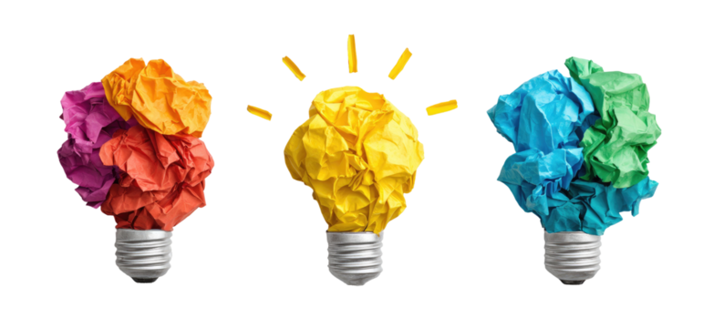 Three colorful crumpled paper light bulbs, representing diverse ideas
