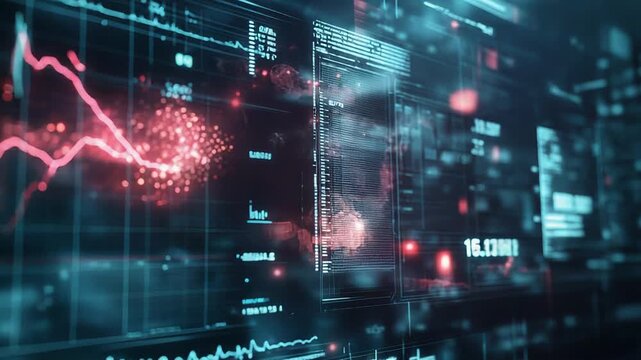 Financial data analysis showing falling stock market trend on digital display - Powered by Adobe