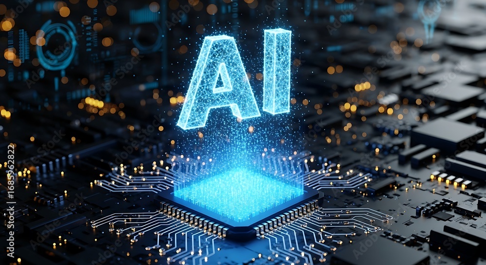 Poster futuristic ai concept with glowing processor on a dark circuit board