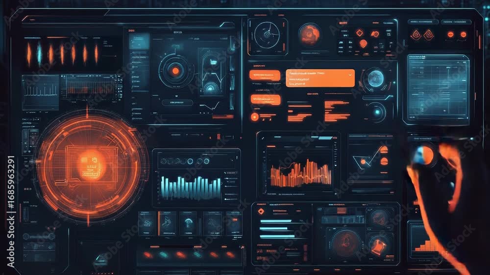 Poster software engineer working on futuristic computer interface with multiple displays showing charts and
