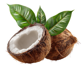 Two halves of a coconut with green leaves