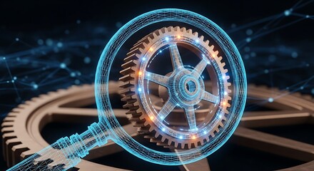 Digital Engineering Concept with Glowing Wireframe Gear Inspection