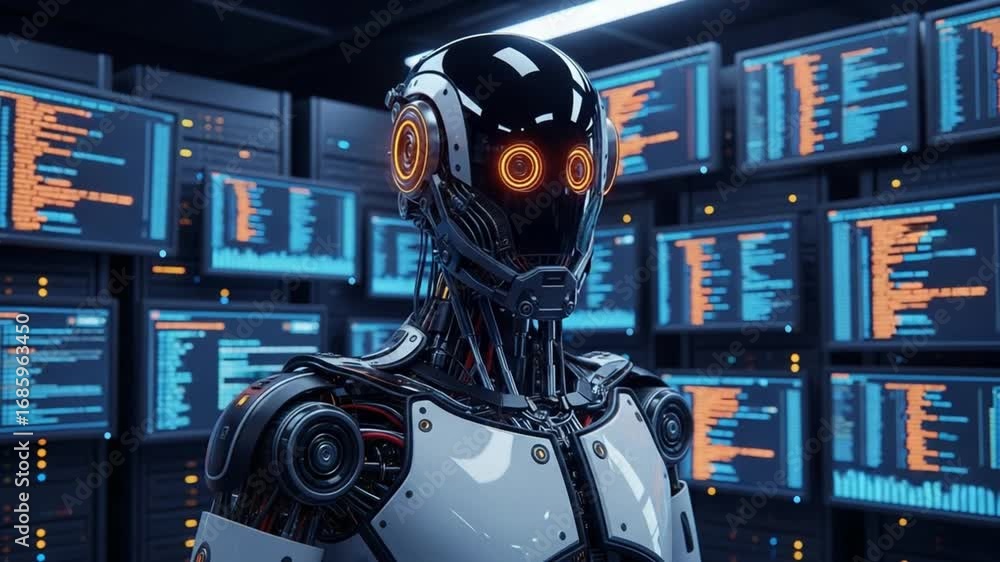 Poster robotic figure stands before a wall of monitors displaying code in a futuristic setting indoors