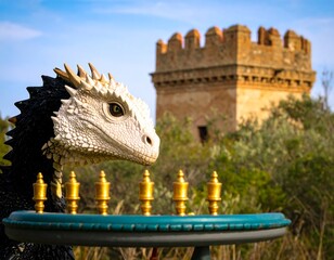 Fantasy lizard figurine near a medieval tower