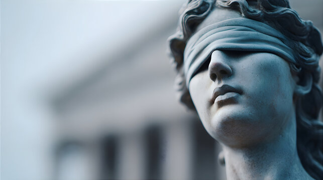 Close up of a blindfolded woman statue, a symbol of justice and truth. Legal system and human rights concept.