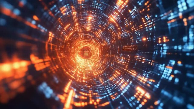 Digital tunnel transmitting futuristic data stream with binary code