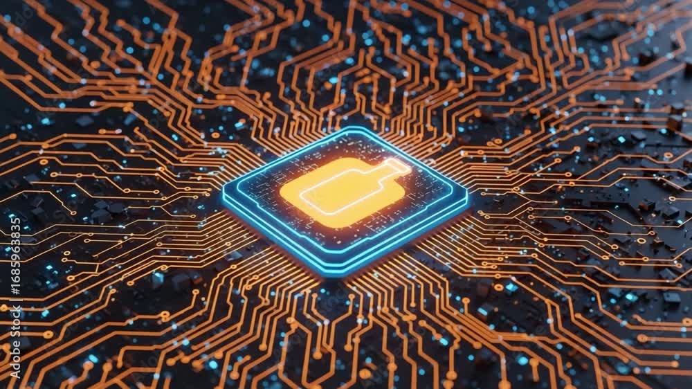 Poster glowing circuit board with a central processor unit and a bottle icon illuminated in orange