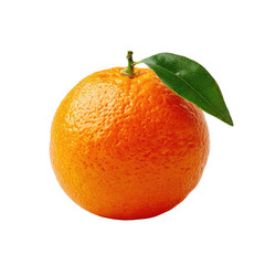 Single, whole orange, vibrant color, slightly textured skin, green leaf