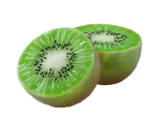 Two halves of a fresh kiwi fruit, brightly lit against a black background.  