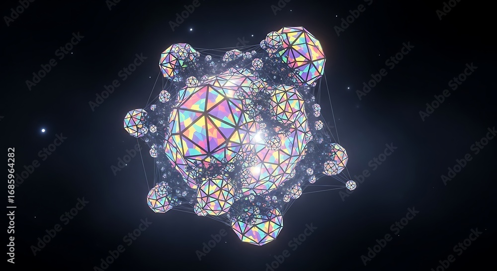 Poster geometric cluster of iridescent polyhedra floating in dark space