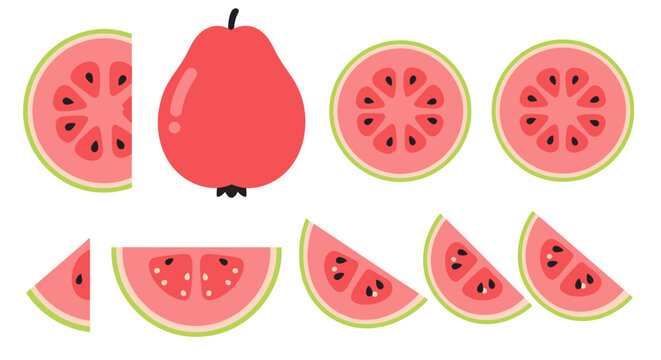 Whimsical guava fruit arrangement, showing sliced and whole, digital