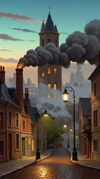 Victorian street with smoking chimneys and distant tower