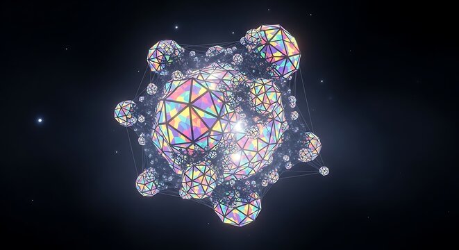 Geometric Cluster of Iridescent Polyhedra Floating in Dark Space