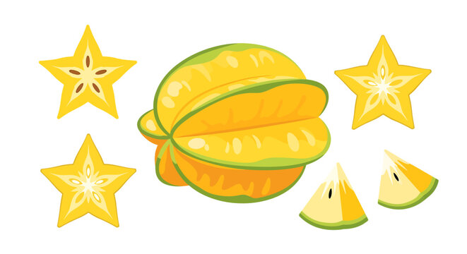 Stylized star fruit arrangement, exotic fruit with graphic vibrant appearance