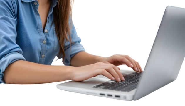 Woman using laptop isolated on transparent background for online communication