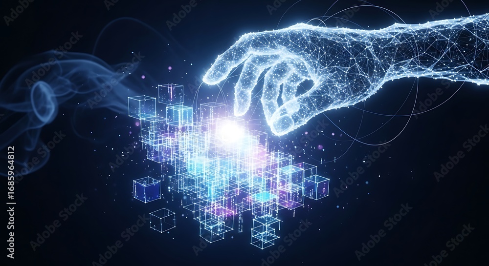 Poster digital hand interacting with data cubes, representing ai innovation